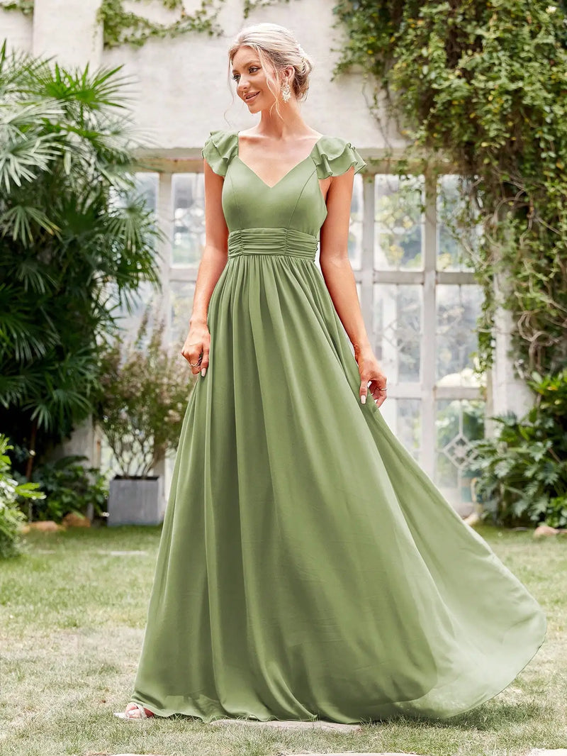 Vestido de noite longo com decote em V, manga curta, babados, renda, vestido de baile, vestido de festa, vestido de madrinha