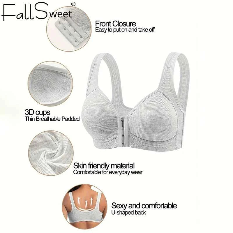 Fallsweet Seamless Front Closure Bra For Women Solid Wire-Free Push Up Bralette Full Coverage Fixed Cups Comfortable Underwear