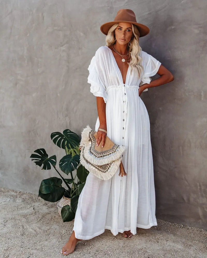 Blusa de biquíni com botões e cintura alta, saia longa, cardigan, jaqueta de praia para férias, proteção solar