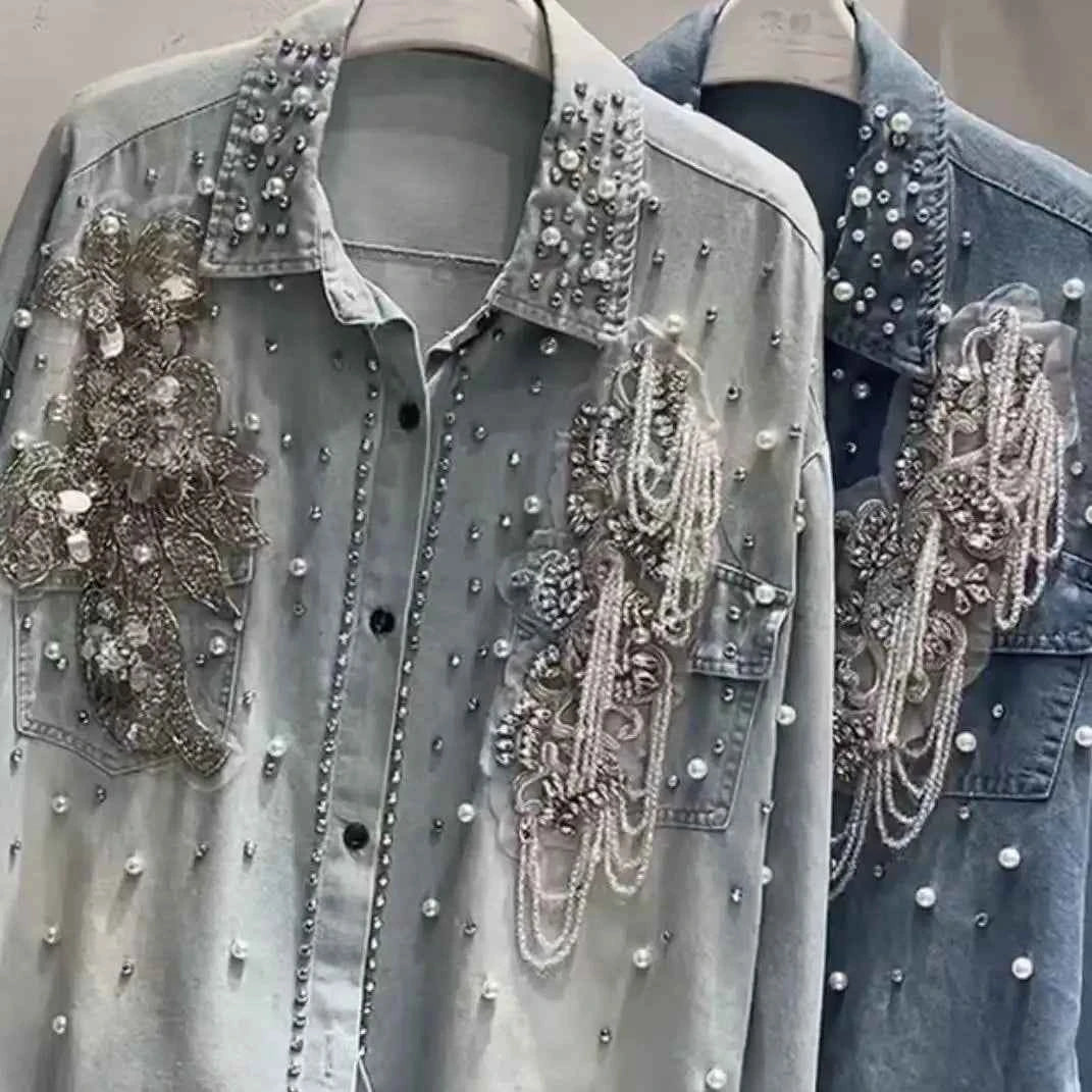 New In 2025 Autumn Trend Crystal tassel Stitch Denim Shirts and Blouses Women's Loose Casual Denim Top  Jacket Woman Clothes