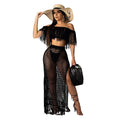 Women 2 Pieces Beachwear Outfits Solid Color Hollow-Out Tassel Off Shoulder Cover-Ups Slit High Waist Sarong Long Skirts Set