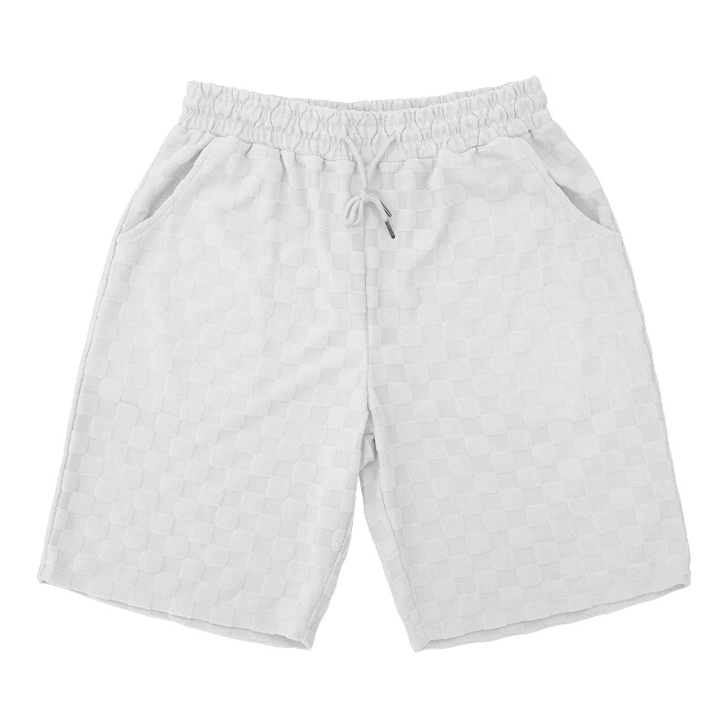 Conjunto de shorts casuais de perna reta e tamanho grande, camiseta xadrez jacquard de manga curta para homens, verão 2025