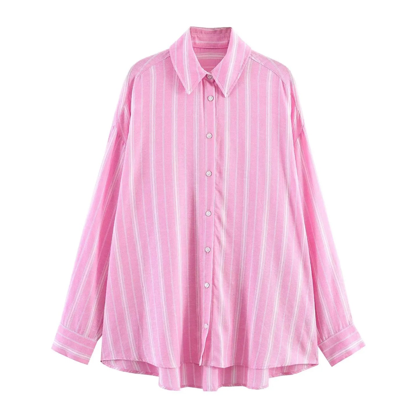 Conjunto social (2 Peças): Camisa Listrada Rosa Oversized de Manga Longa e Saia Midi Plissada com Recorte e Zíper