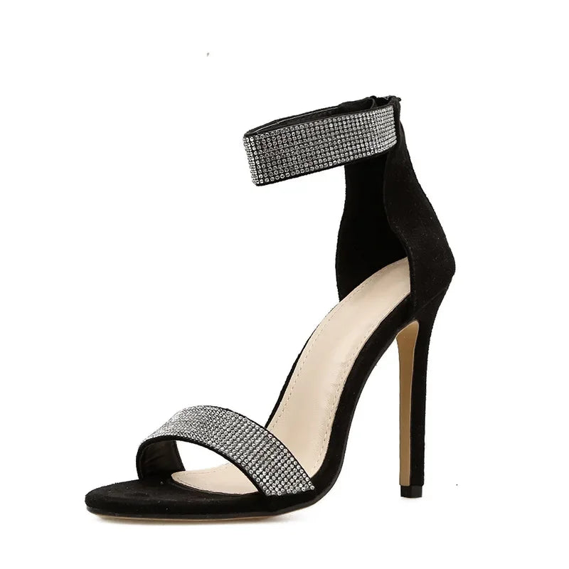 Sandálias femininas com tira no tornozelo, strass, salto alto fino, sandália gladiadora, faixa estreita, vestido de festa, sapatos de salto alto