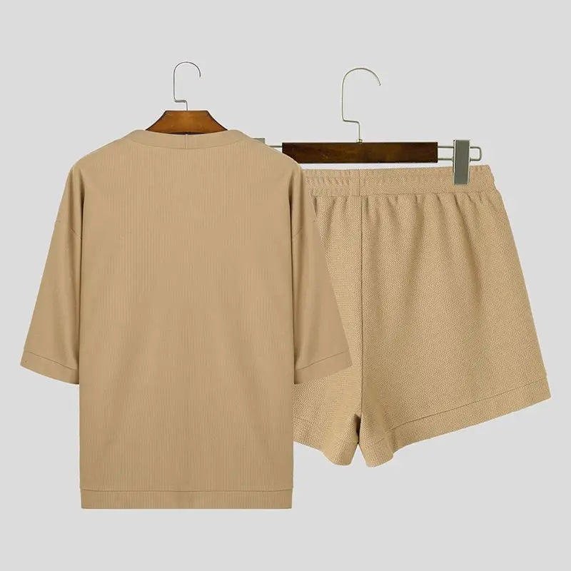 Conjuntos masculinos cor sólida, cardigan de meia manga e shorts com cordão, duas peças, moda urbana, ternos casuais