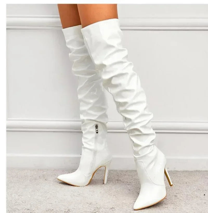 Botas acima do joelho femininas, bico fino, zíper lateral preto, salto alto fino, brilhante, plissado, salto alto