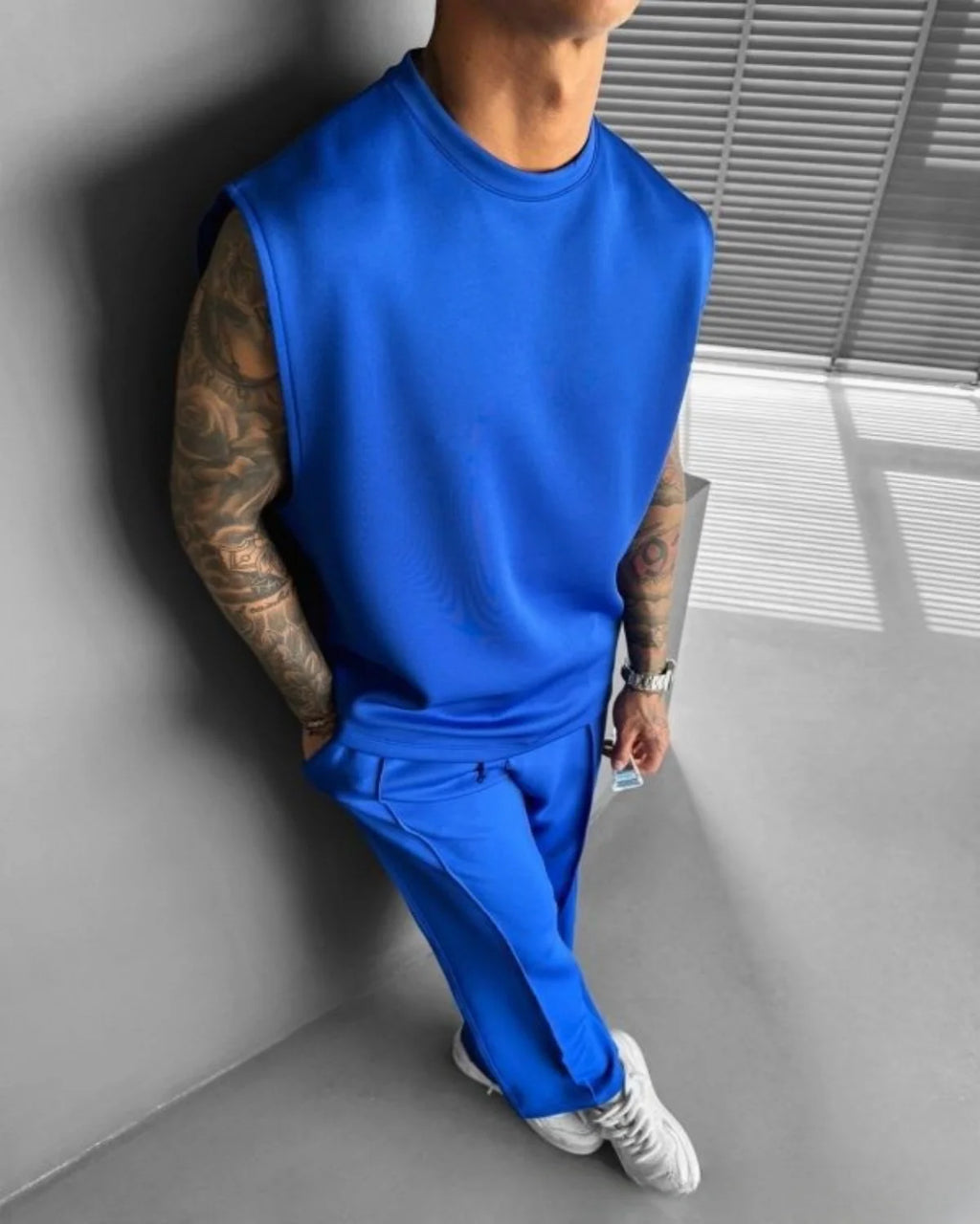 Terno esportivo sem mangas 2025 calças casuais masculinas de cor sólida, colete de roupas masculinas, conjunto de duas peças