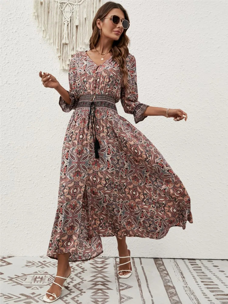 Vestido feminino de verão, novo, decote em V, mangas três quartos, manga lanterna, cintura, gravata, boêmio, viagem, férias, praia