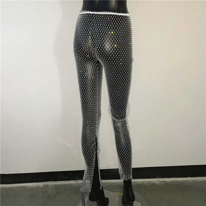 Sexy y2k streetwear Fishnet Rhinestone pants women clothing see through club party pants vintage clothes wide leg pants trousers