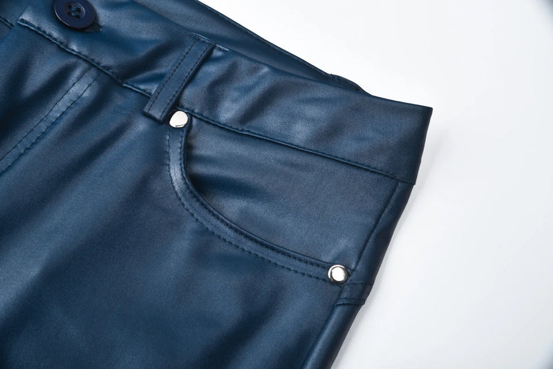 Calças de couro sintético, leggings femininas casuais elásticas e sensuais, couro sintético sólido, calças lápis justas