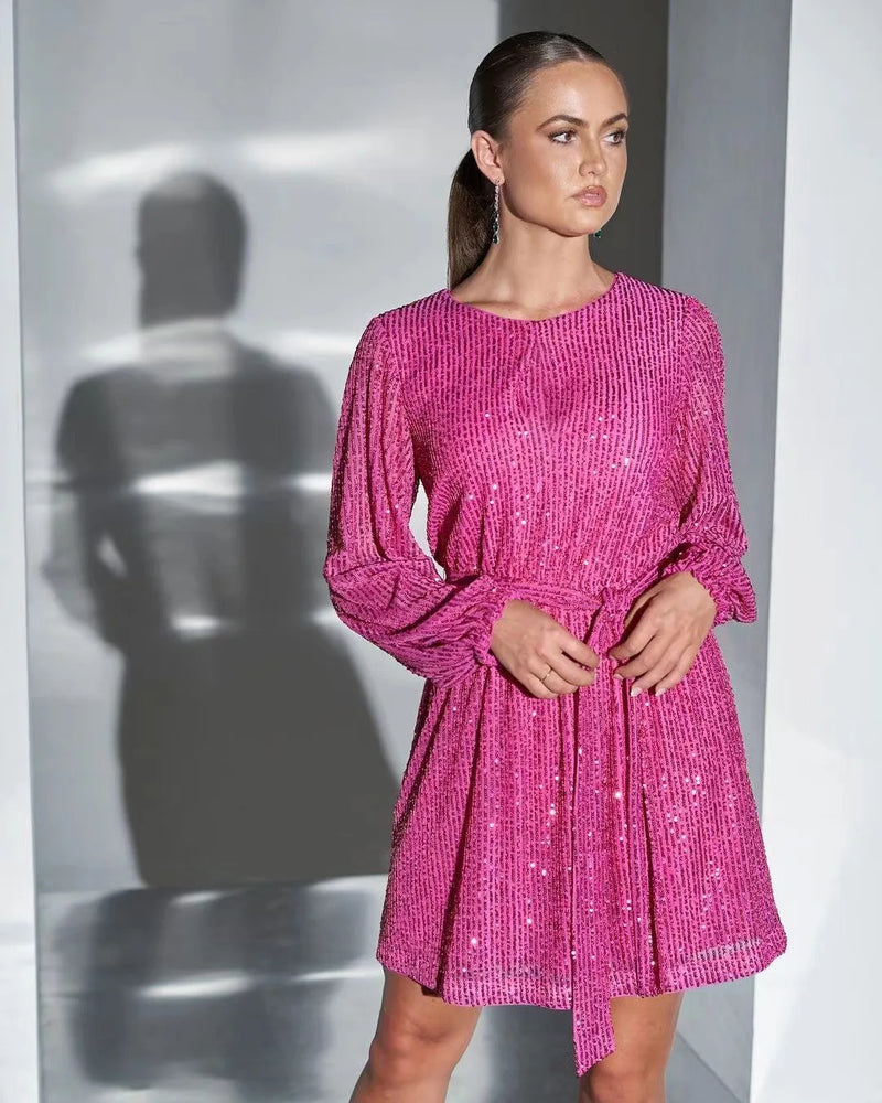 Fashion sequined Pearl color waist dress evening dress skirt women's dress