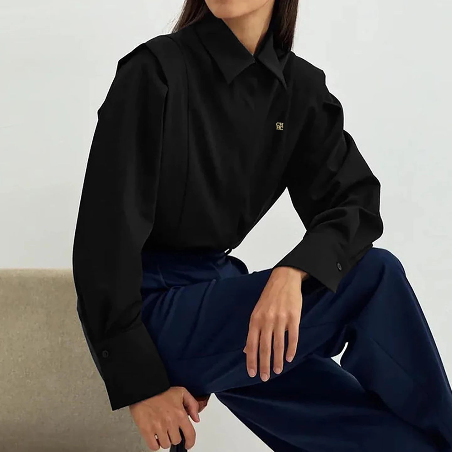 CH Womens CH Logo Embroidered Shirt Long Sleeve Structured Shoulder Office Blouse Fashion Button Down Top
