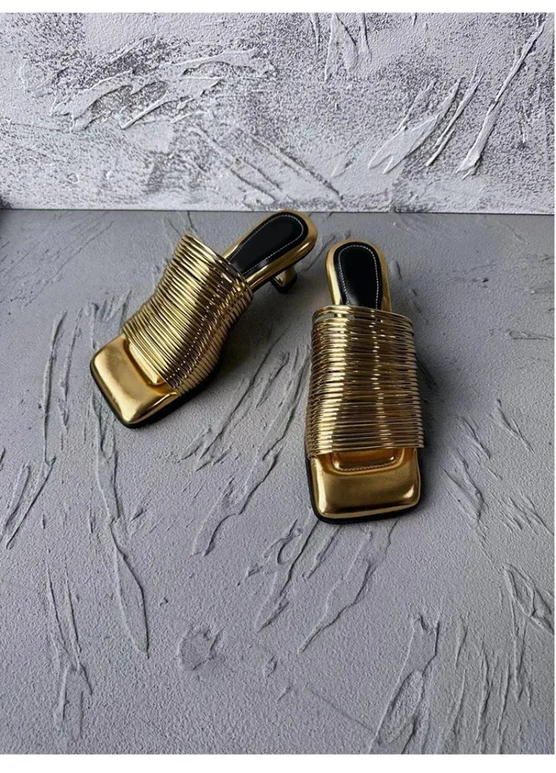 Square Toe Stiletto Sandals for Women Summer Shiny Solid Color High Heels Casual Half Slippers Shoes for Women Designer Sandals