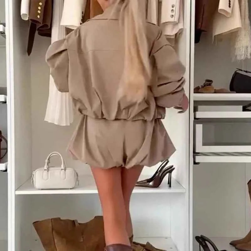 Vintage High Street Loose Women's Two Piece Casual Autumn Long Sleeved Jacket and Shorts Suit Fashion Outdoor Cargo Solid Outfit