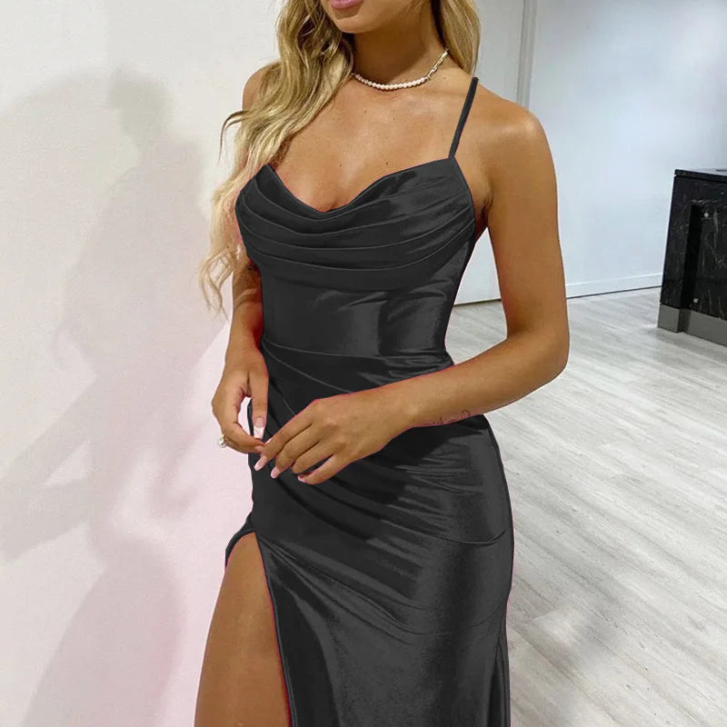 Women's Spring New Bra Shrink Pleated Split Satin Dress Sexy Slim Fit Wrap Hip Dress