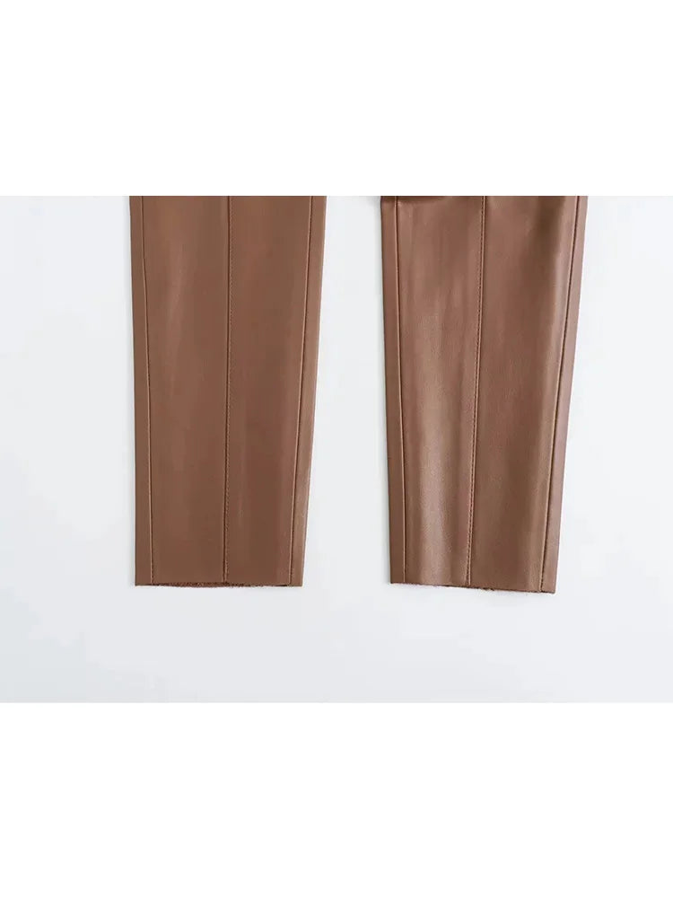 HH 2024 Women's Faux Leather Pants High Waist Straight Leg Trousers Fashion Female Streetwear Stylish Stretch Pencil Pants