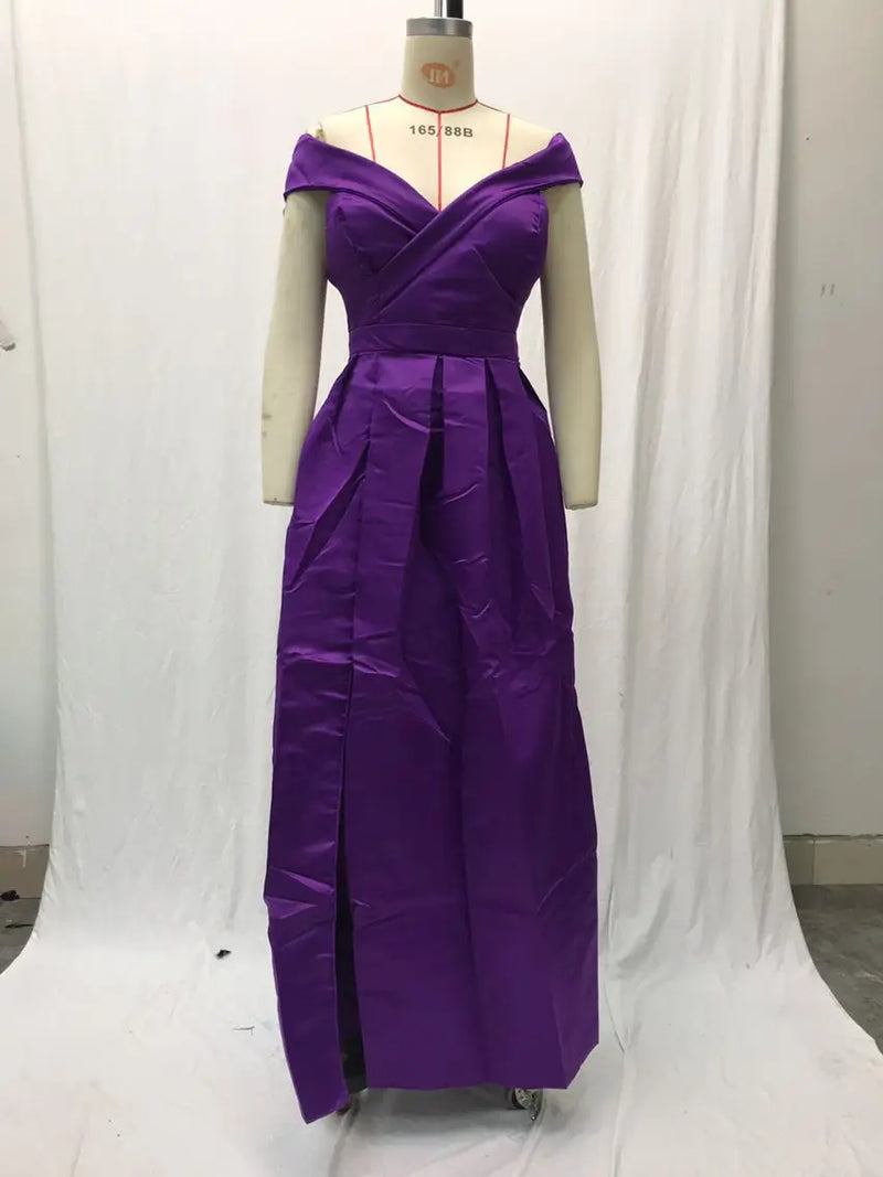 Women's Long Loose Maxi Dress Summer Deep V-neck Solid Color Satin High Split Strapless Short Sleeve Dress