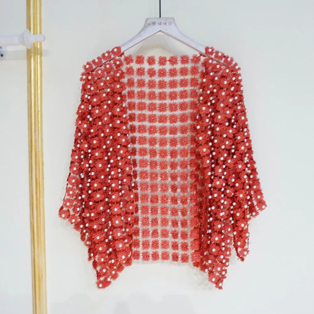 Women Beads Coat 2025 Summer Style Women Perspective Shawl Fashion Hollow Out Lace Boleros Short Sleeve Coats Jackets Femal