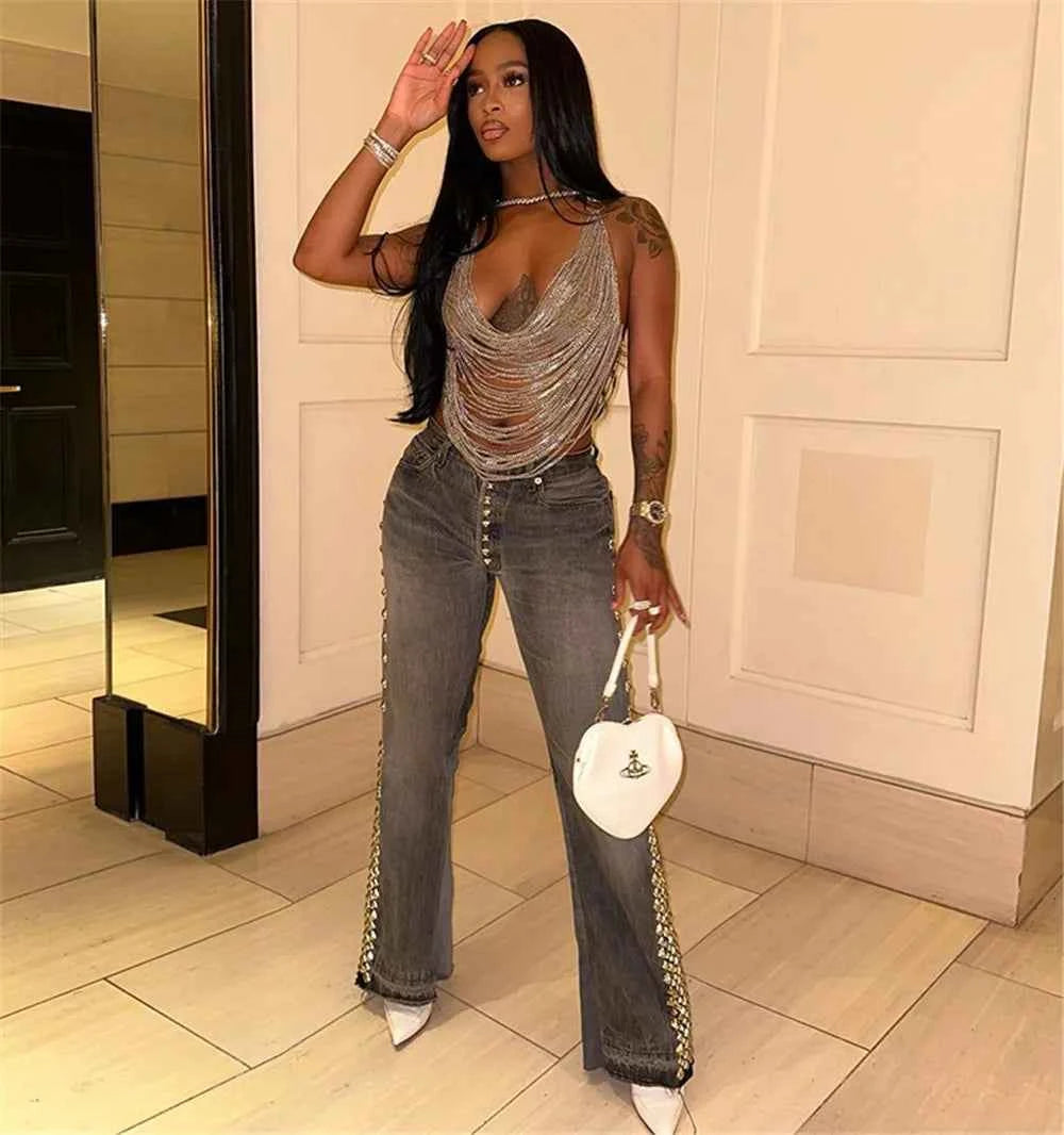 Women Metal Chain Tassel Tank Top Sexy Deep V Neck Backless Hollow Out See Through Crop Top Body Chain Party Club Camisole