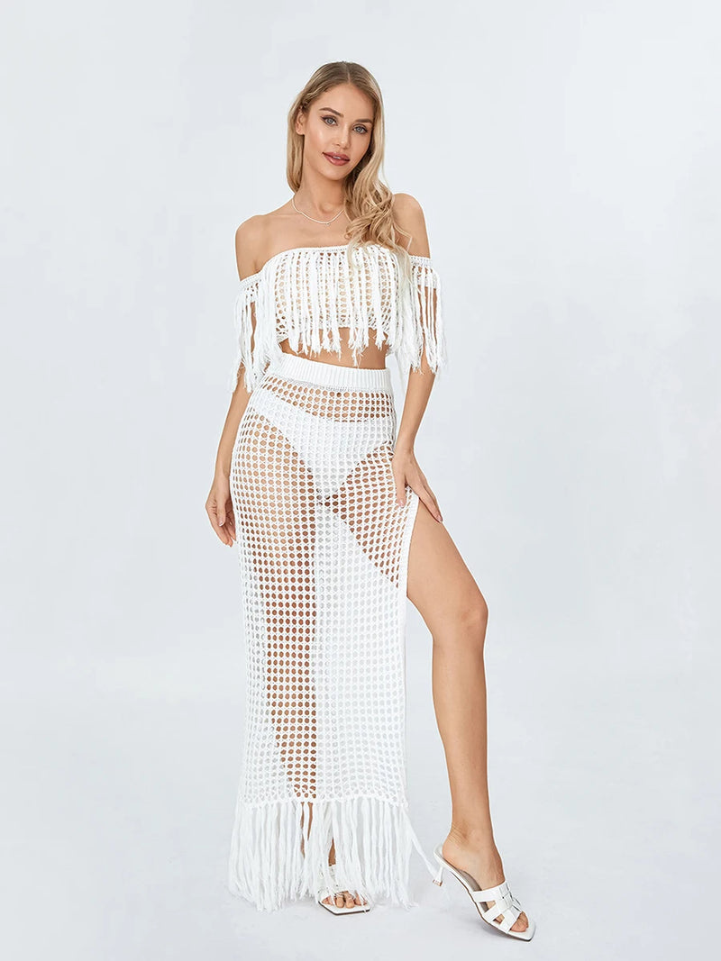 Women 2 Pieces Beachwear Outfits Solid Color Hollow-Out Tassel Off Shoulder Cover-Ups Slit High Waist Sarong Long Skirts Set