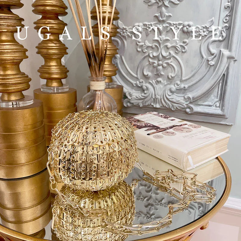 Bolsas femininas de metal lantejoulas corrente tecido saco bola forma oco sacos noite embreagem viagem férias bolsa ombro - CRAVO ROSE