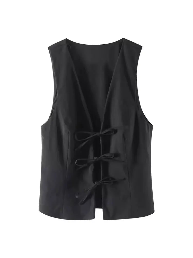 HH Women Elegant Lace Up V-Neck Waistcoat Sleeveless Tie Front Slim Vest Casual Office Wear Retro Y2K Street Fashion Chic Top