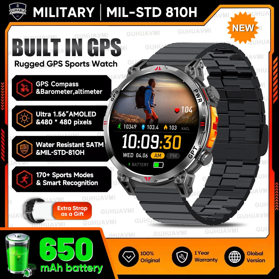 2025New Military T-Rex3 Ultra GPS SmartWatch Built in GPS Compass Altimeter Barometer 5ATM Waterproof 650mAh Sports Bracelet Men