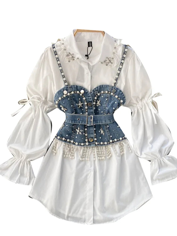 Blusa feminina nova primavera outono com contas de diamantes e manga bufante, top com borlas e pérolas, colete com alça, camisa de duas peças