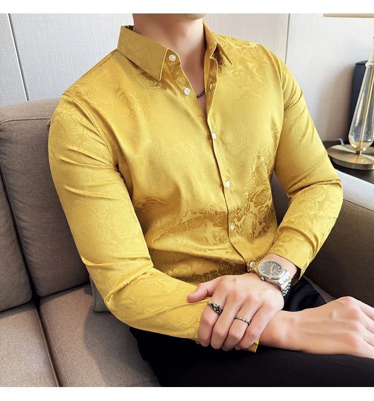 Men's Social Shirt New Rose Printed Long Sleeve Shirt Luxury Fashion Business Slim Fit Formal Shirt Men's Clothing 4XL-M