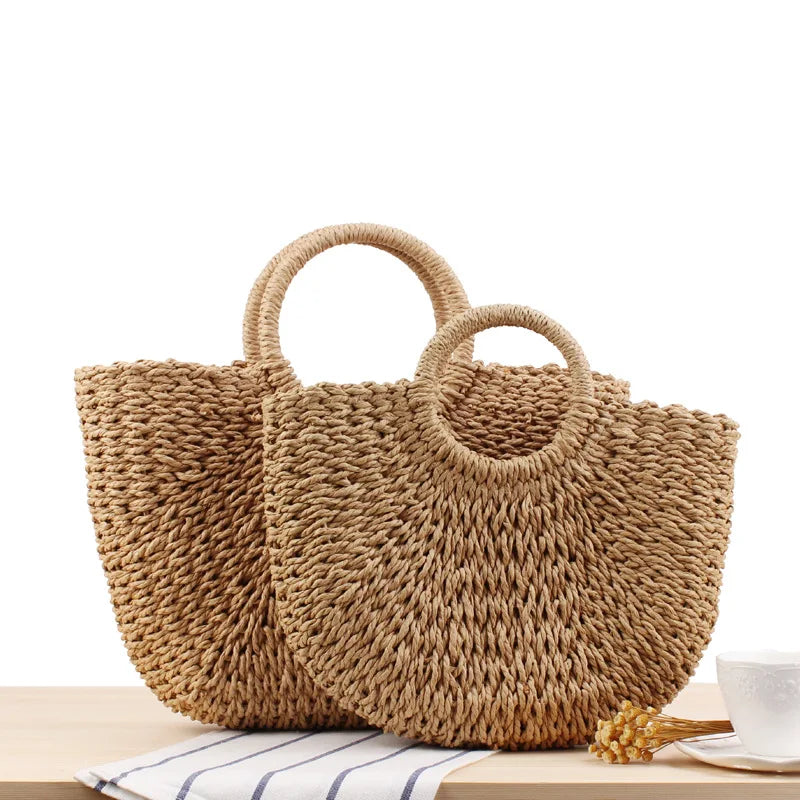 2023 Summer Handmade Bags for Women Beach Weaving Ladies Straw Bag Wrapped Beach Bag Moon shaped Top Handle Handbags Totes - CRAVO ROSE