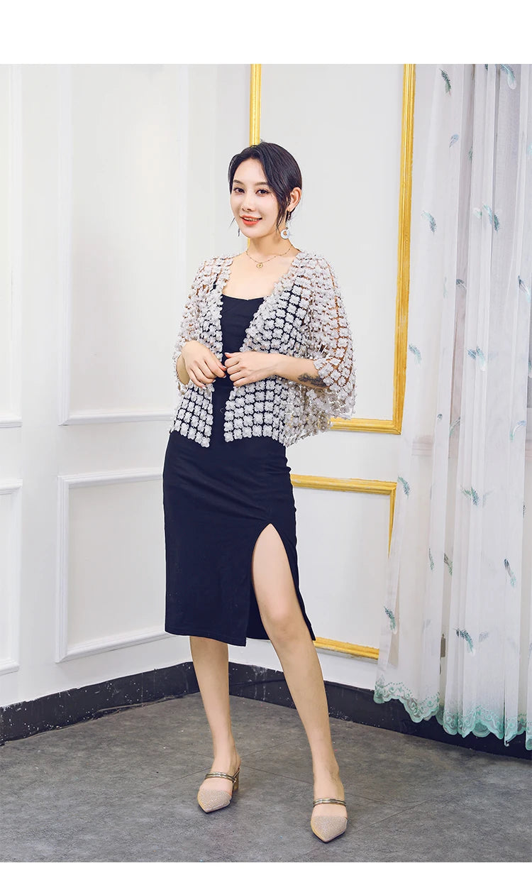 Women Beads Coat 2025 Summer Style Women Perspective Shawl Fashion Hollow Out Lace Boleros Short Sleeve Coats Jackets Femal