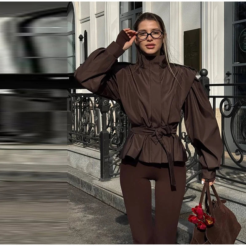 Fashion Stand Collar Belted Waist Short Jacket For Women Casual Puff Sleeve Wide Shoulder Coat Lady 2026 Chic Street Outerwear