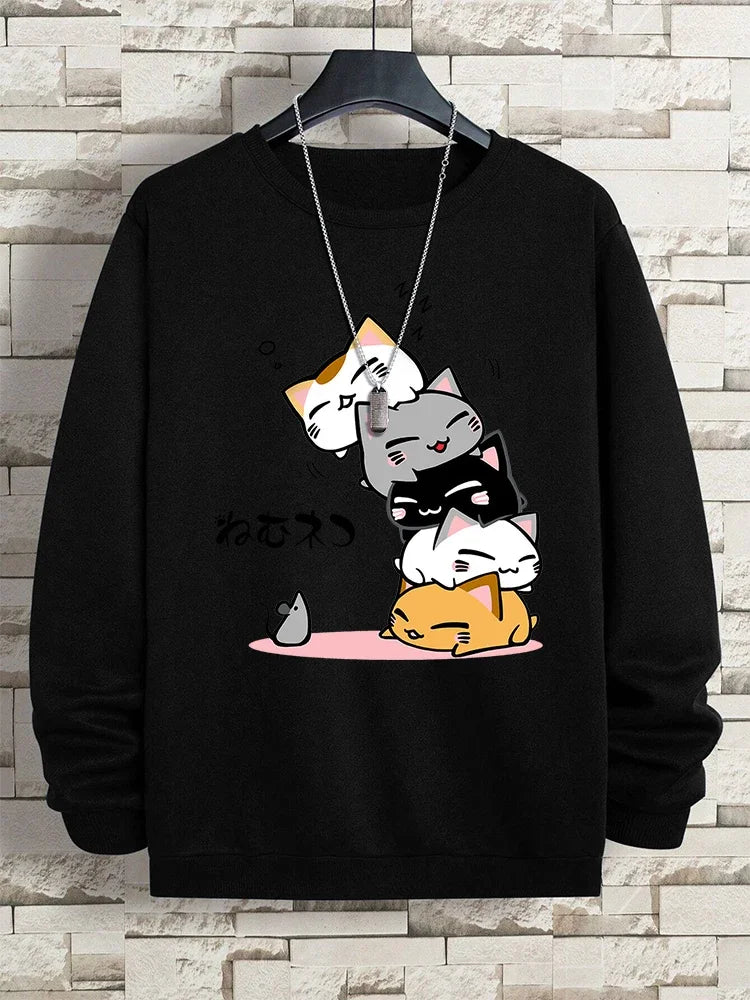 Moletom fofo com gatos empilhados,  masculino com capuz, hip hop, gola redonda, vintage, casual, solto, com capuz, outono, novas roupas soltas