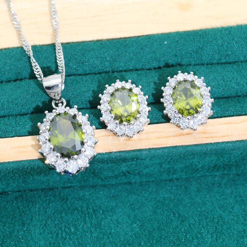 Luxurious 925 Silver Jewelry Sets For Women Olive Green Blue Zircon Earrings Necklace Pendant Open Ring Bracelet Dating Gifts - CRAVO ROSE