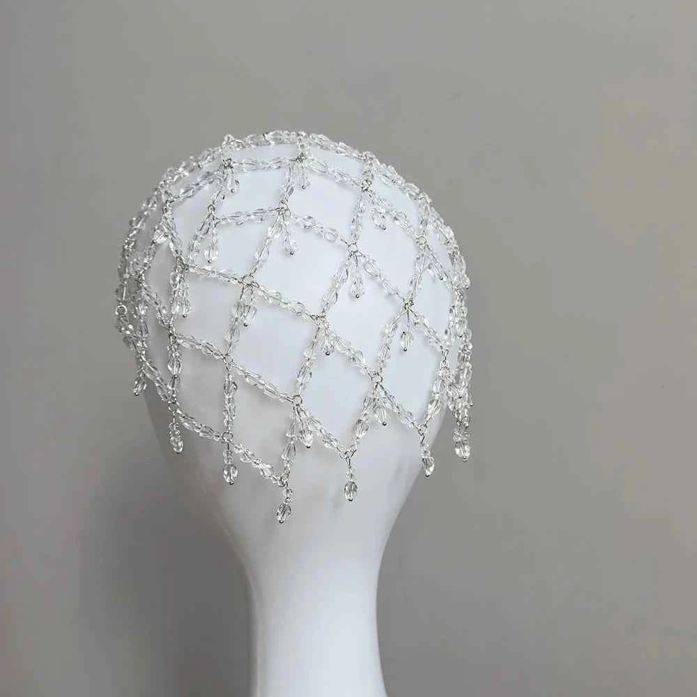 Fashion Acrylic Bridal Mesh Cap Headpiece for Women Accessories Handmade Elegant Crystal Tassel Hair Chain Hat Wedding Jewelry