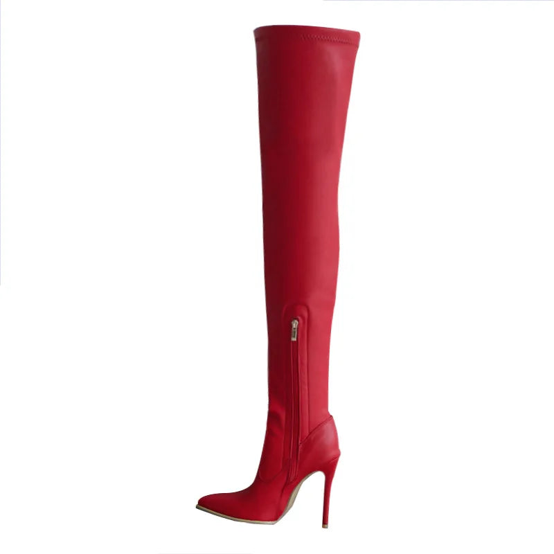 Novas botas acima do joelho femininas, salto alto fino, botas elásticas da moda feminina, tamanho grande 46 47, botas femininas