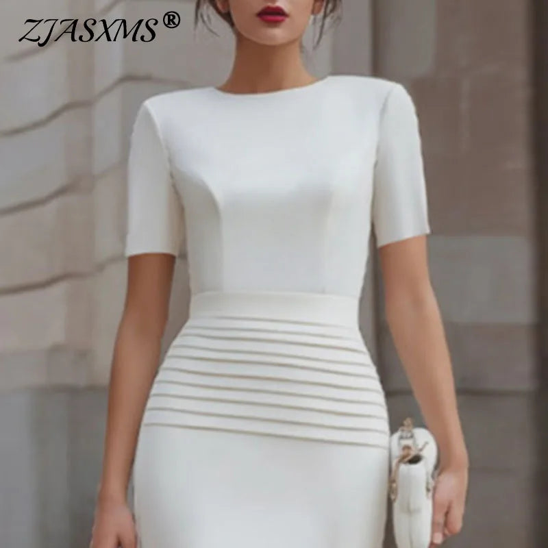 Classic Solid Pencil Hips Dress Women Summer Short Sleeve Pleated High Waist Office Dress Elegant Evening Guest  Bodycon Dresses