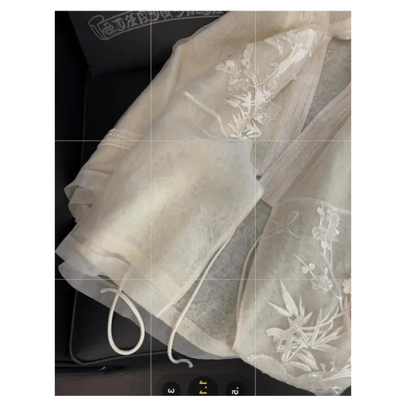 Fashion Chinese Style Embroidery Shirt Women's Mesh Fairy Gentle Style 2026 New Gentleman's Feelings Tops Shirt V-neck Pattern