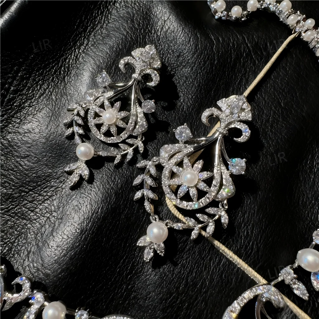 LIR Women's Custom Jewelry Set: Austrian Court Crown Gem Necklace, Sparkly Carved Wheat Ear Zircon Pearl Earrings