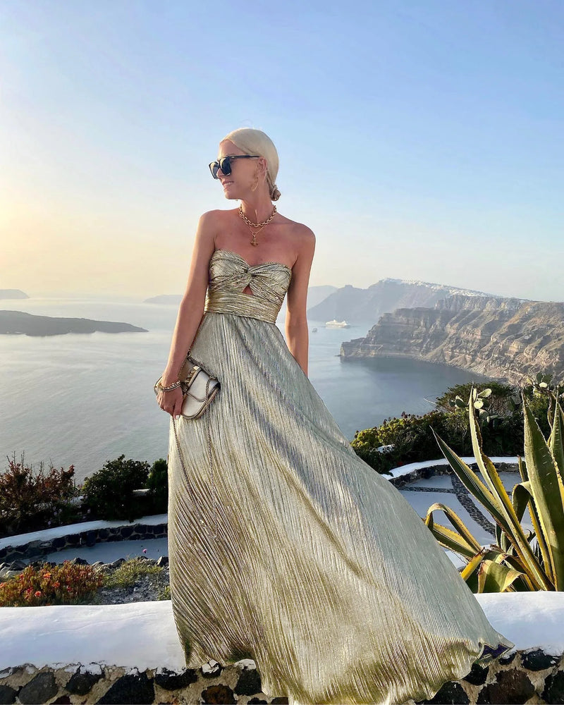 2024 Sexy Twist Strapless Hollow Out Long Dress Women Boho Elegant Bronzing Evening Dress Fashion Sleeveless A-Line Party Dress
