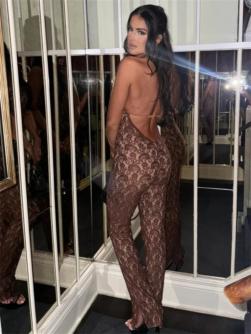 Lace Backless Sexy Jumpsuit Women Rompers Halter Off-shoulder Sleeveless Skinny Club Party Jumpsuits Female Clothes