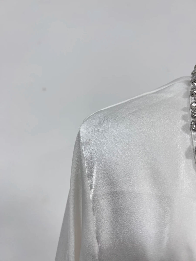 Blusa elegante e chique com losangos emendados lapela, manga comprida, design temperamental, camisa sensual