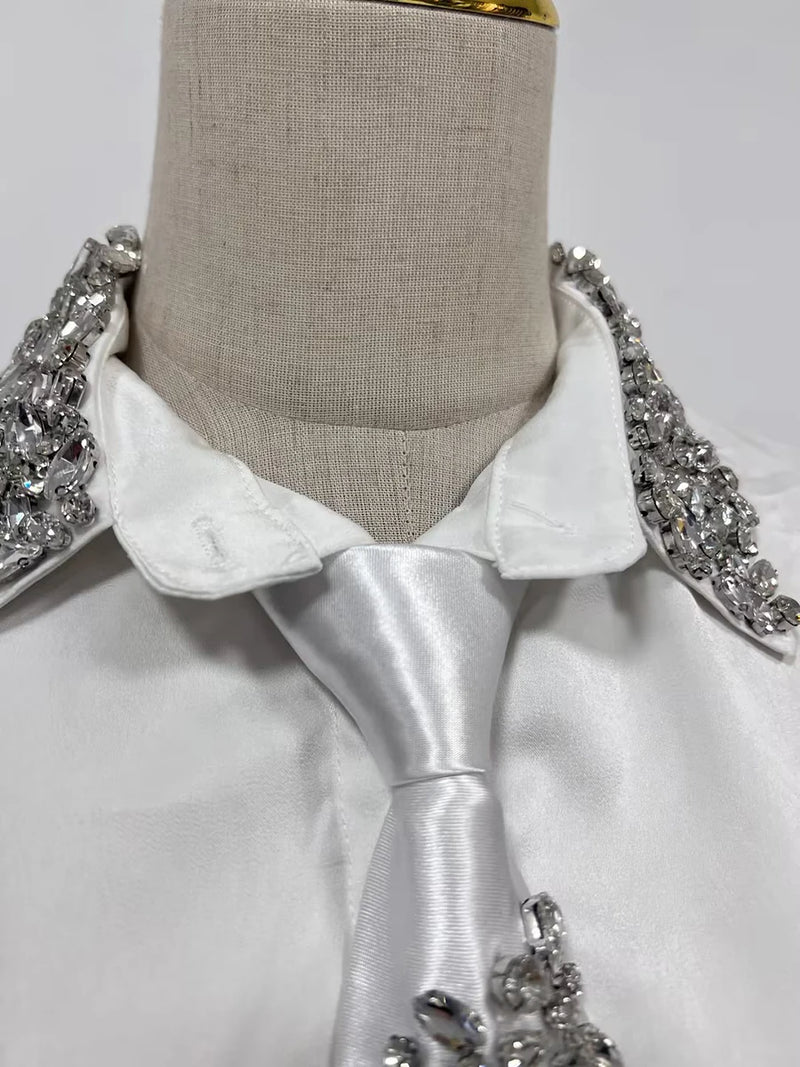 Blusa elegante e chique com losangos emendados lapela, manga comprida, design temperamental, camisa sensual