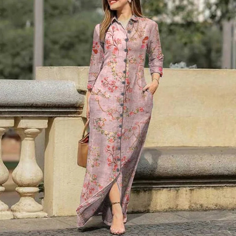 Vestido de camisa solto com estampa floral vintage, moda para escritório, lapela, gola, botão, vestido de festa, casual, manga comprida, vestidos longos