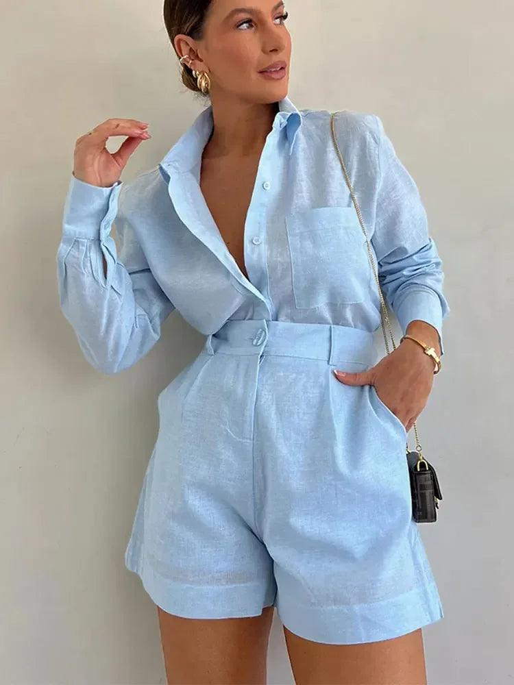 Solid Lapel Long Sleeve Shirt Shorts Suits Single Breasted Buckle Pocket Blouse Shorts Sets 2024 Spring Casual Female Outfits - CRAVO ROSE