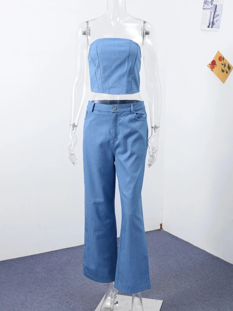 Conjunto jeans feminino com strass brilhantes, espartilho modelador, top curto, jeans slim fit, roupa de festa, boate, estilo cowgirl