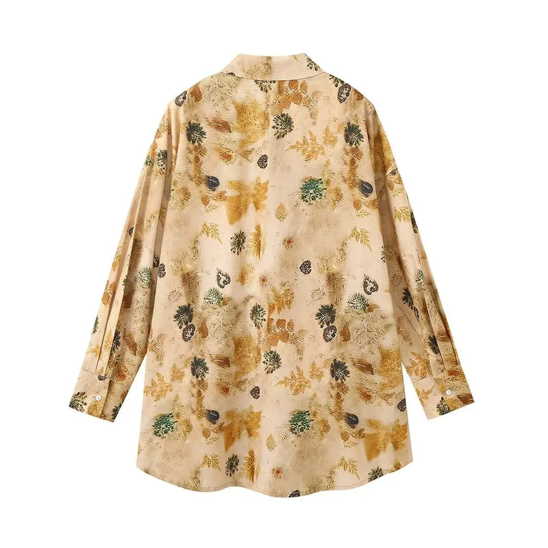 TRAF Women Fashion Set Print Turn-Down Collar Long Sleeve Single Breasted Shirt+Elastic Waist Drawstring Loose Pant Female Suits