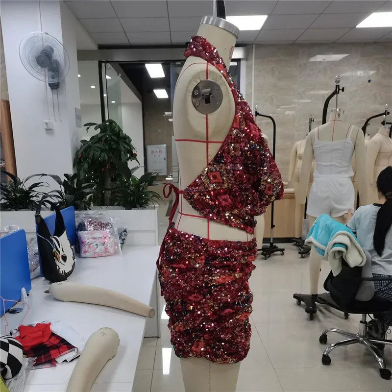 hirigin Chic Sequin Mini Skirt Suit Women Summer Beach Slim Halter Neck Crop Top Skirts Set Lady Holiday Shine Backless Sets