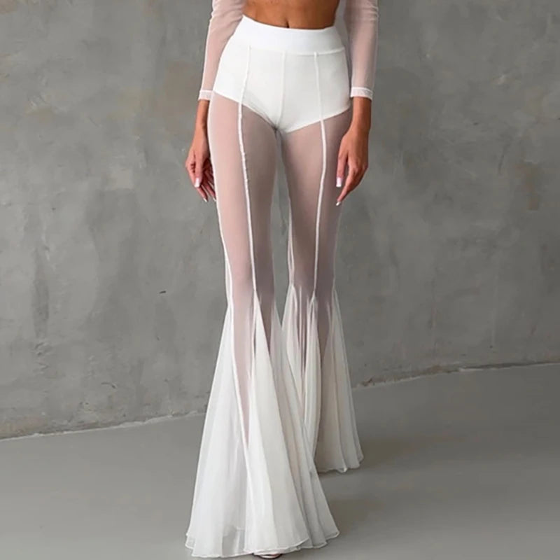Women's Casual Patchwork Pleated Flared Pants Perspective Mesh Slim Trousers New 2025 Summer Elastic High Waist Club Long Pants
