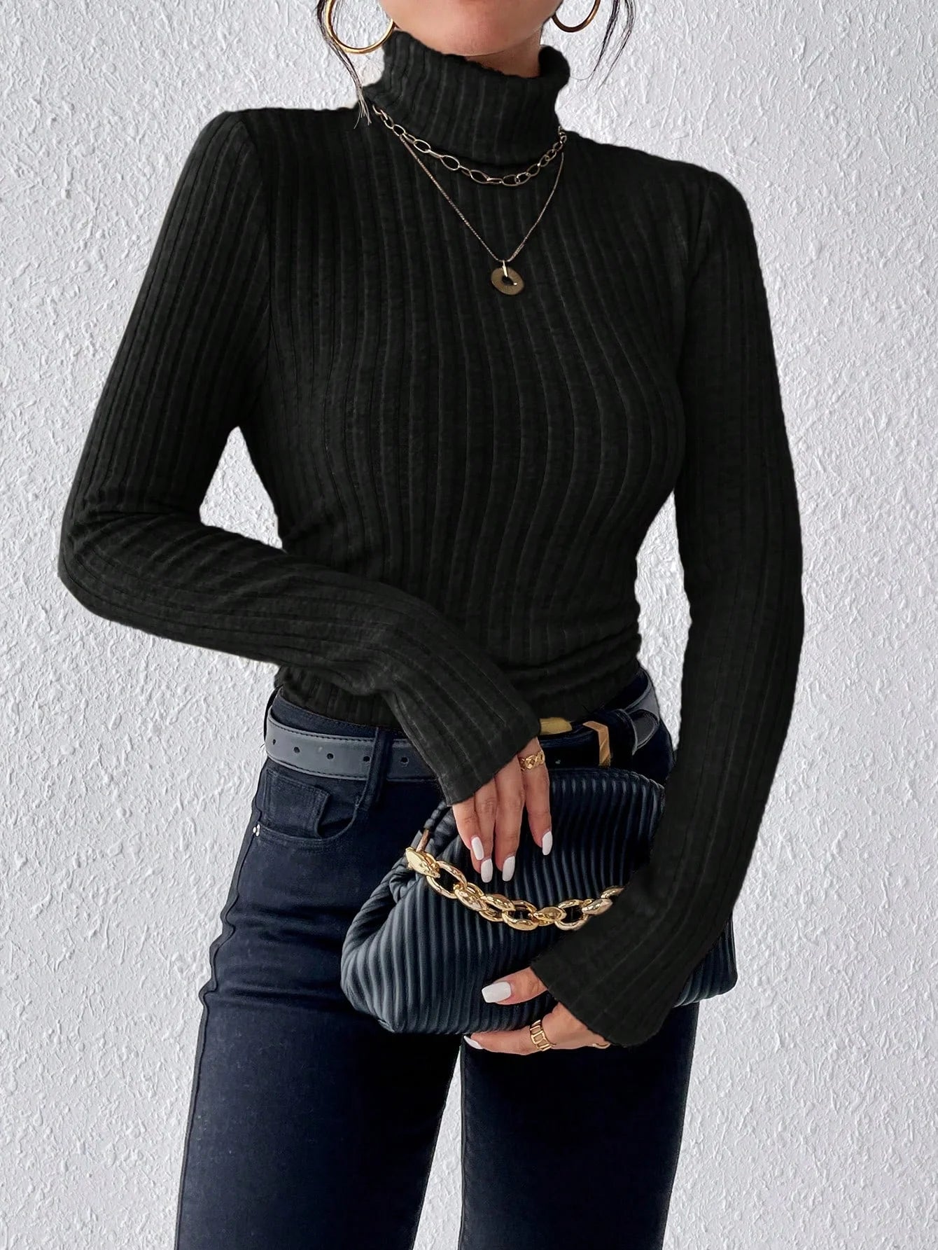 Autumn and winter high-neck solid color casual and elegant long-sleeved brushed pit knitted T-shirt top
